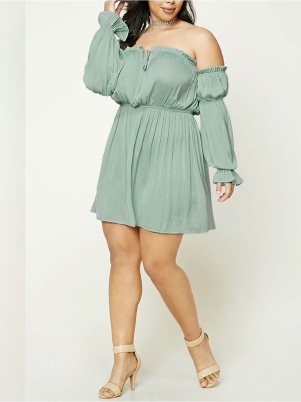 Forever 21 Sage Green Off-Shoulder Ruffle Tie Dress